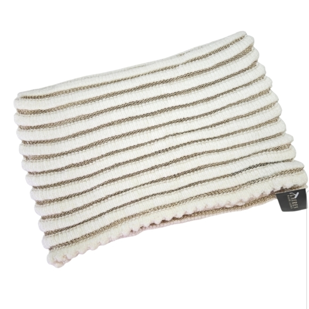 NEW Lauren Ralph Lauren Cream & Gold Metallic Stripe Scalloped Rectangle Scarf